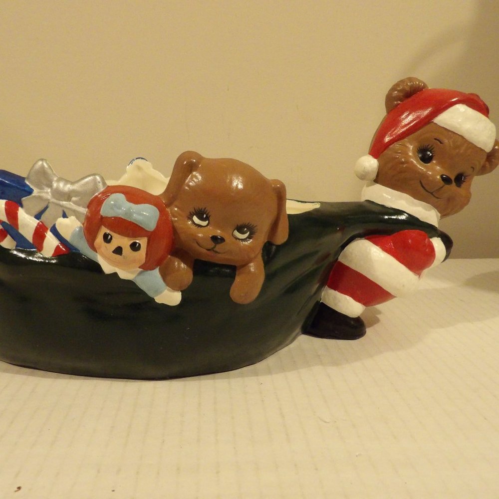 + Hand Painted Alberta Molds Christmas Santa Bear W/ Toy Bag Planter/Candy Dish